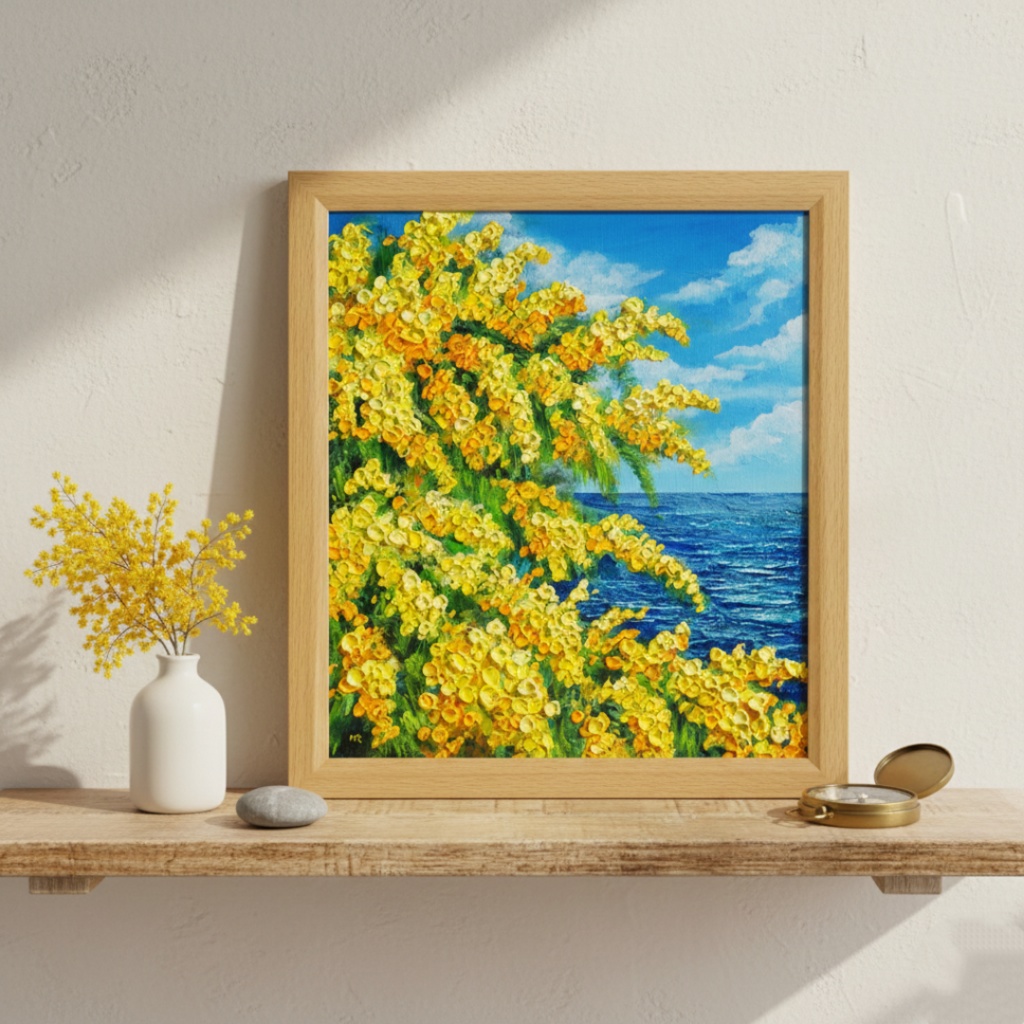 【一点物】油彩画「ミモザの海」光り輝く海とミモザの共演