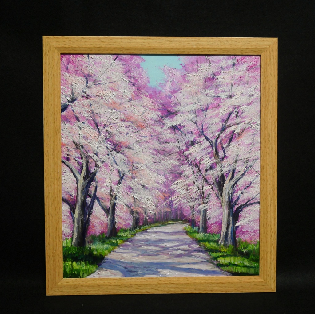満開の桜のトンネル 油絵【原画】 一点物 春 桜並木 油彩画 絵画