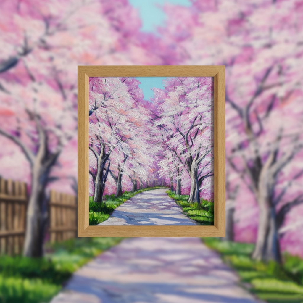 満開の桜のトンネル 油絵【原画】 一点物 春 桜並木 油彩画 絵画