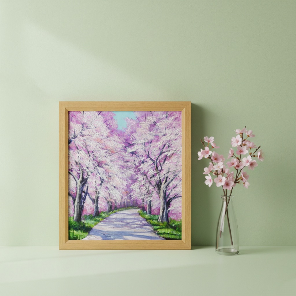 満開の桜のトンネル 油絵【原画】 一点物 春 桜並木 油彩画 絵画