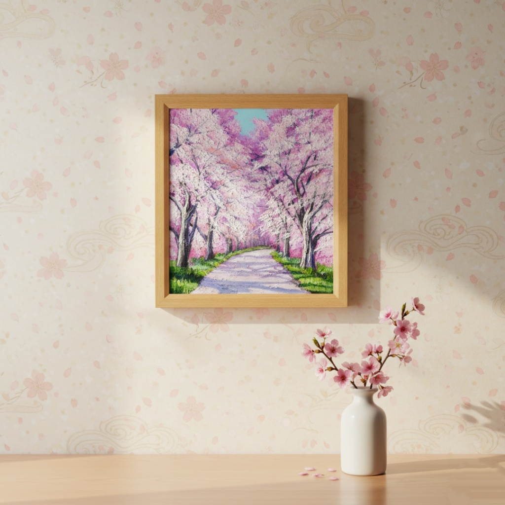 満開の桜のトンネル 油絵【原画】 一点物 春 桜並木 油彩画 絵画