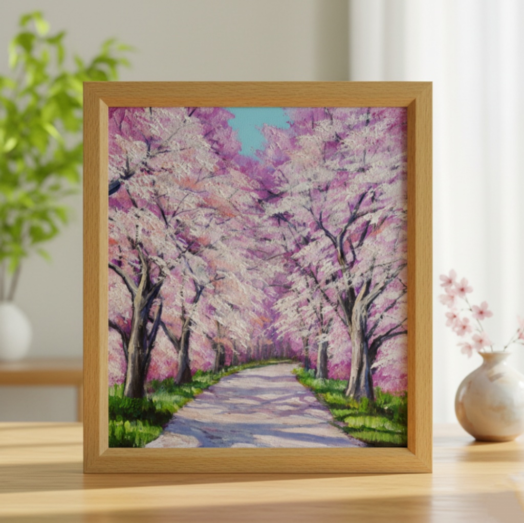 満開の桜のトンネル 油絵【原画】 一点物 春 桜並木 油彩画 絵画