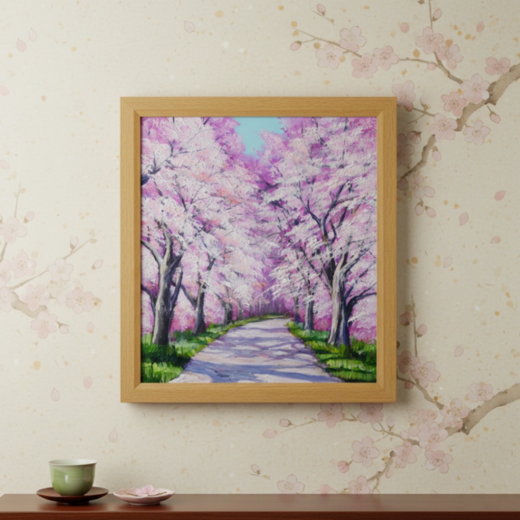 満開の桜のトンネル 油絵【原画】 一点物 春 桜並木 油彩画 絵画