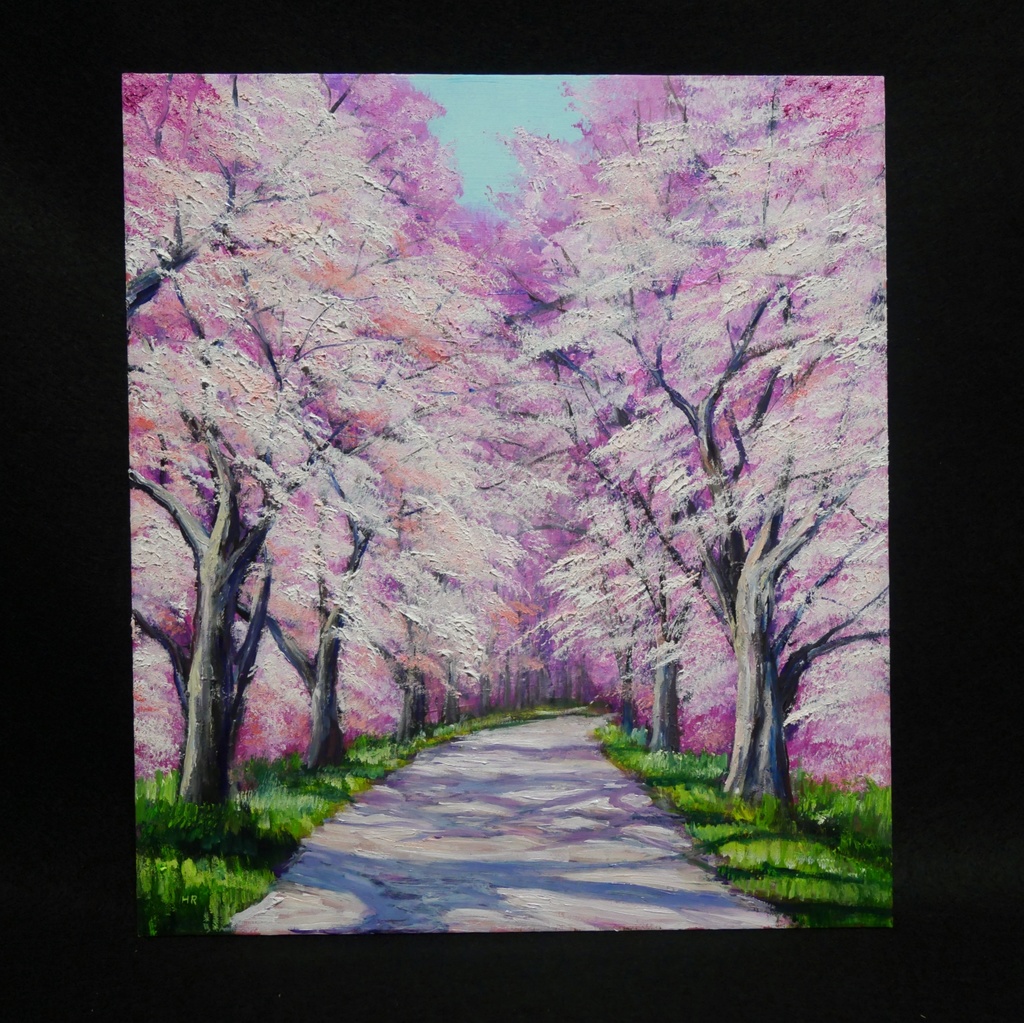 満開の桜のトンネル 油絵【原画】 一点物 春 桜並木 油彩画 絵画