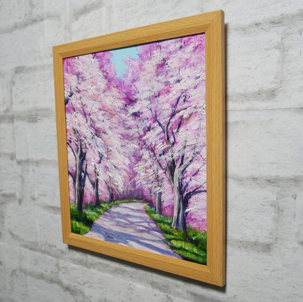 満開の桜のトンネル 油絵【原画】 一点物 春 桜並木 油彩画 絵画