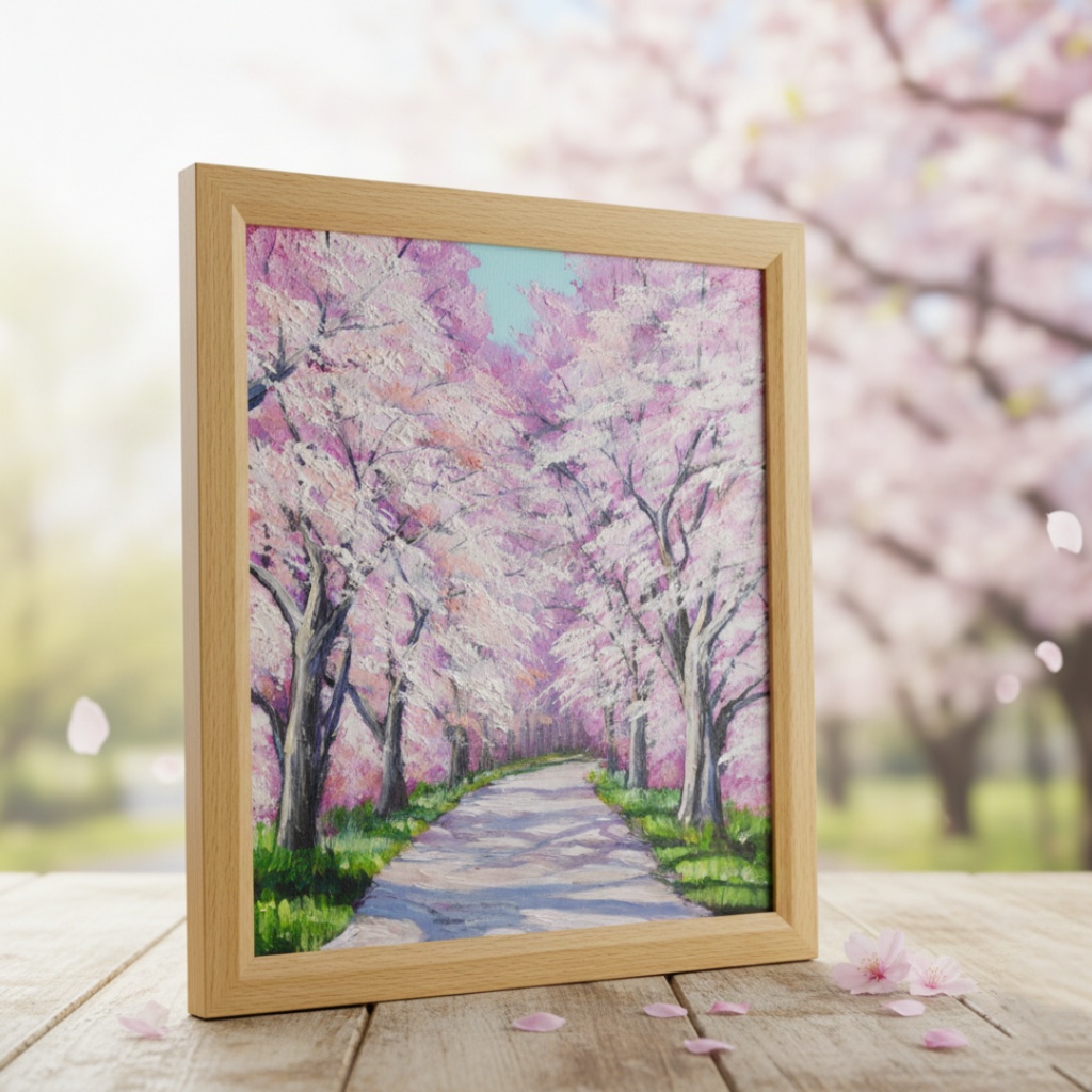 満開の桜のトンネル 油絵【原画】 一点物 春 桜並木 油彩画 絵画