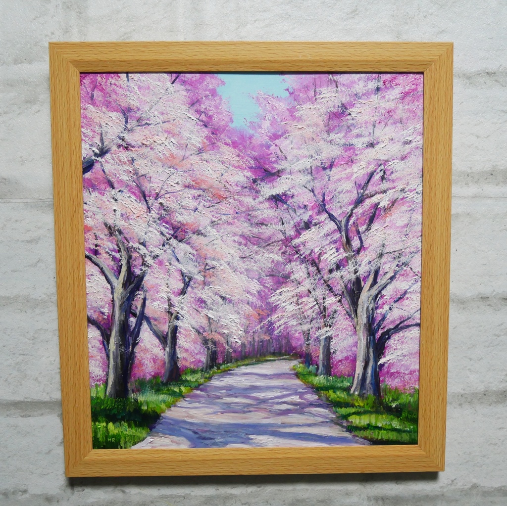 満開の桜のトンネル 油絵【原画】 一点物 春 桜並木 油彩画 絵画