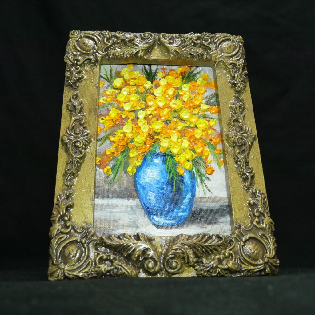 油絵|癒しのミモザ。春を彩るミニ絵画(原画・油彩)プチギフトにも