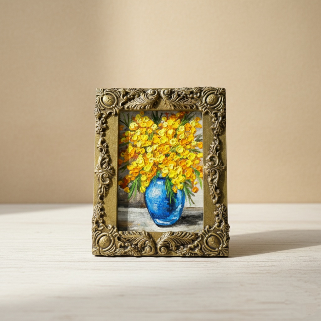 油絵|癒しのミモザ。春を彩るミニ絵画(原画・油彩)プチギフトにも