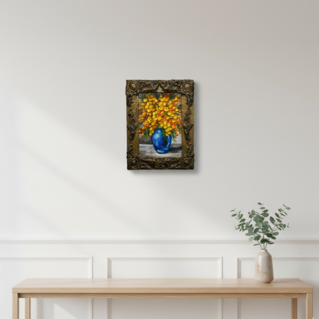 油絵|癒しのミモザ。春を彩るミニ絵画(原画・油彩)プチギフトにも