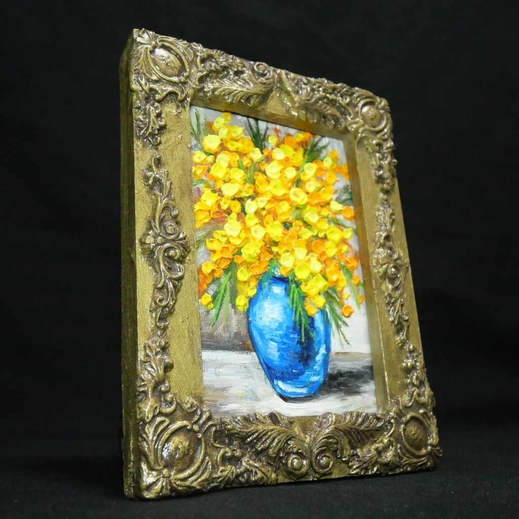 油絵|癒しのミモザ。春を彩るミニ絵画(原画・油彩)プチギフトにも