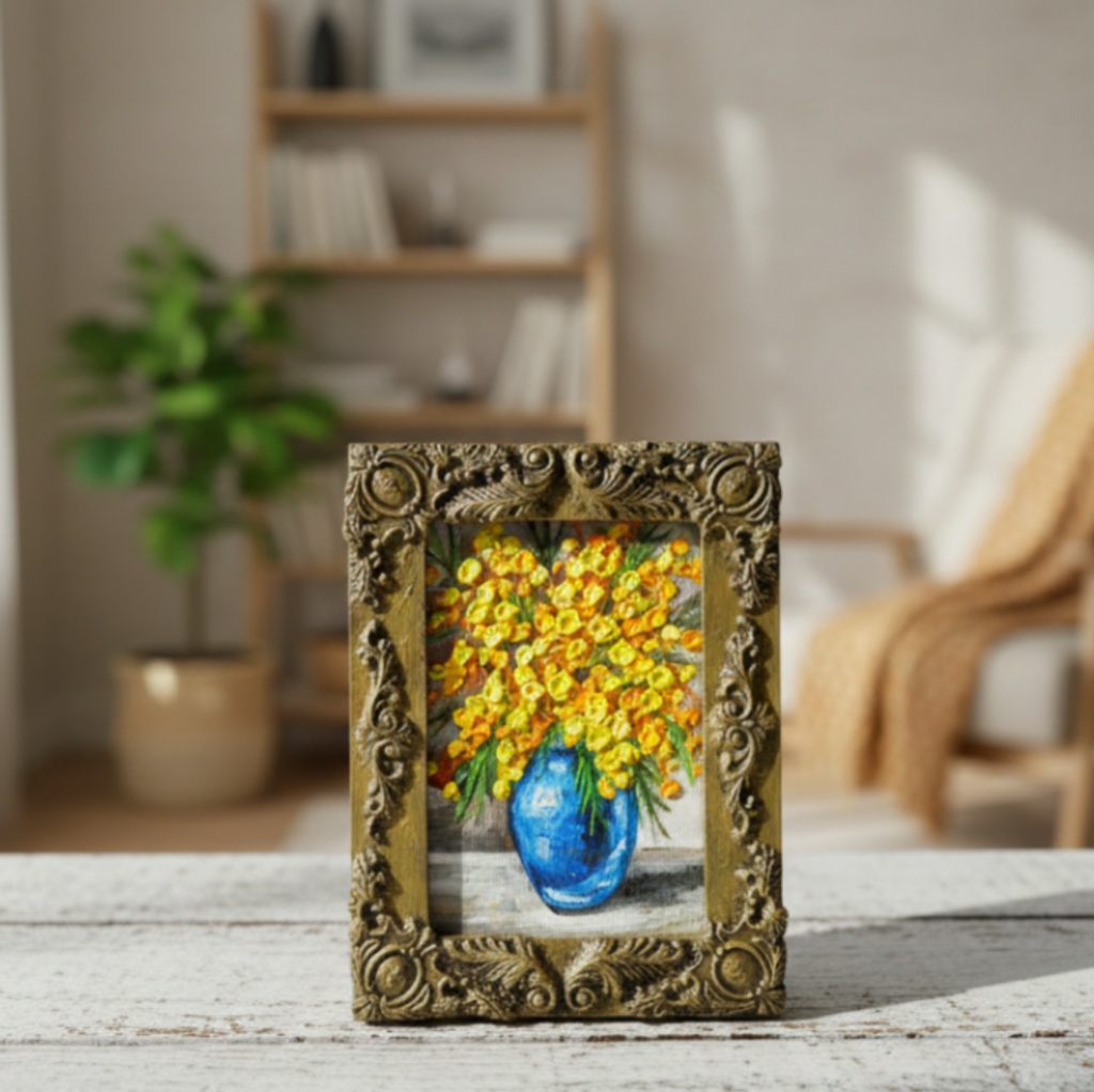 油絵|癒しのミモザ。春を彩るミニ絵画(原画・油彩)プチギフトにも