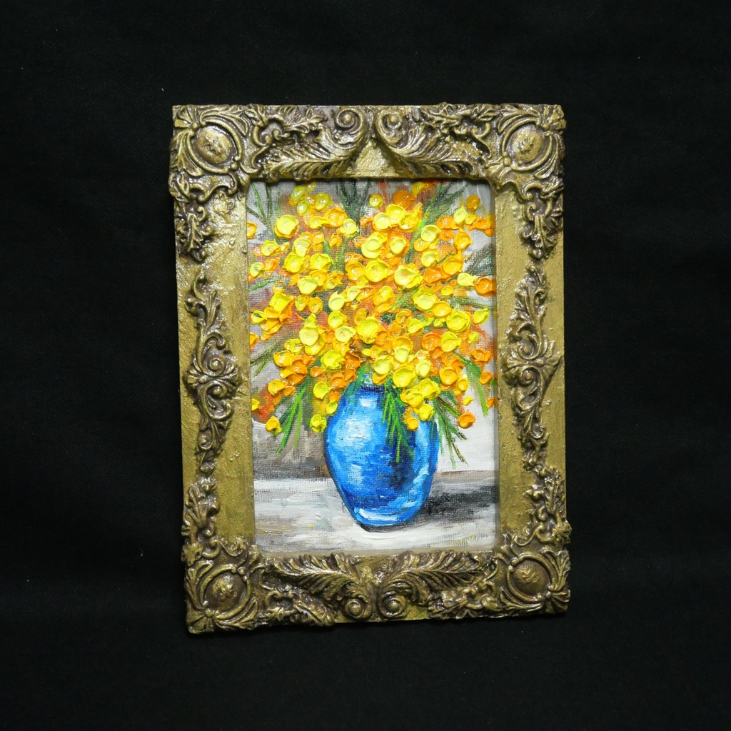 油絵|癒しのミモザ。春を彩るミニ絵画(原画・油彩)プチギフトにも