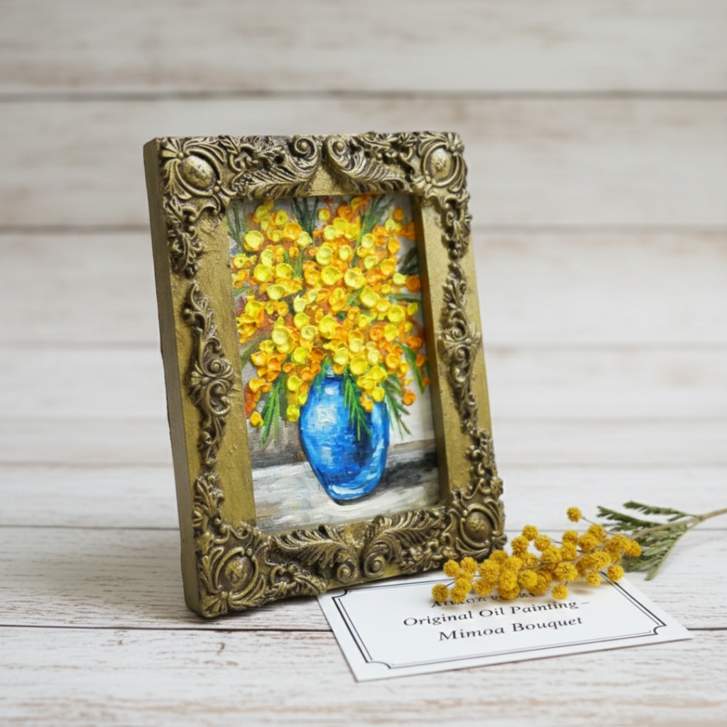 油絵|癒しのミモザ。春を彩るミニ絵画(原画・油彩)プチギフトにも
