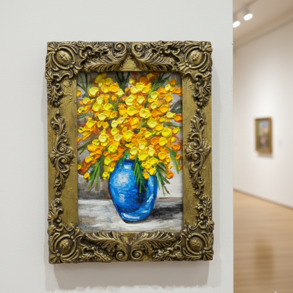 油絵|癒しのミモザ。春を彩るミニ絵画(原画・油彩)プチギフトにも