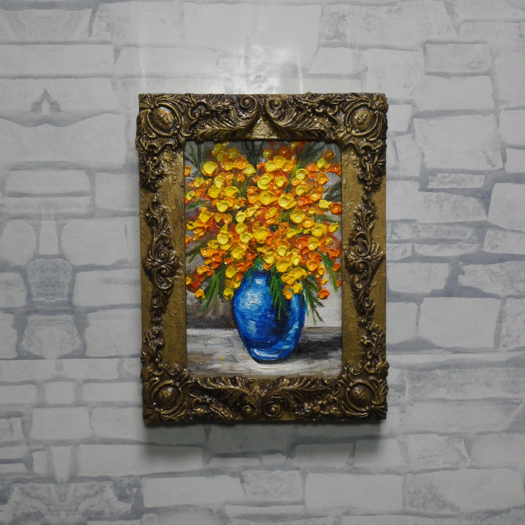 油絵|癒しのミモザ。春を彩るミニ絵画(原画・油彩)プチギフトにも