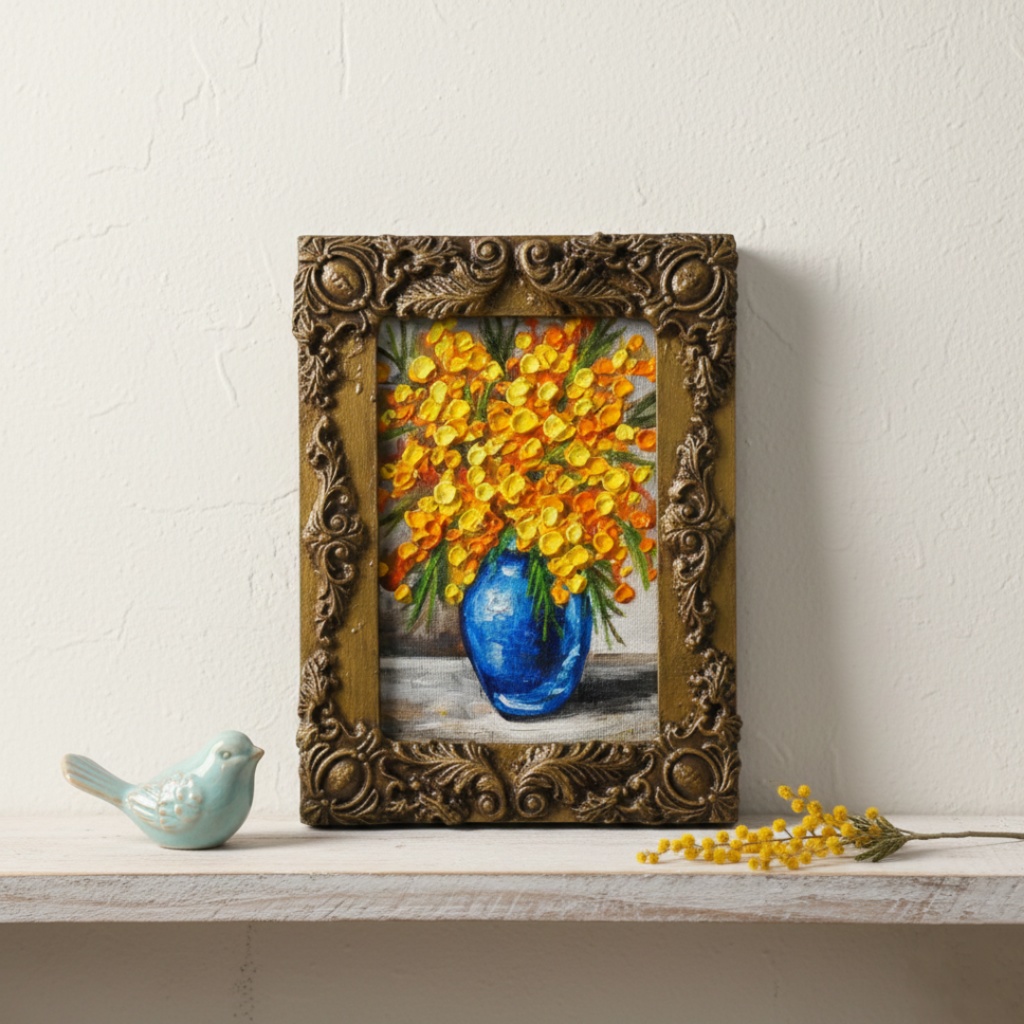 油絵|癒しのミモザ。春を彩るミニ絵画(原画・油彩)プチギフトにも