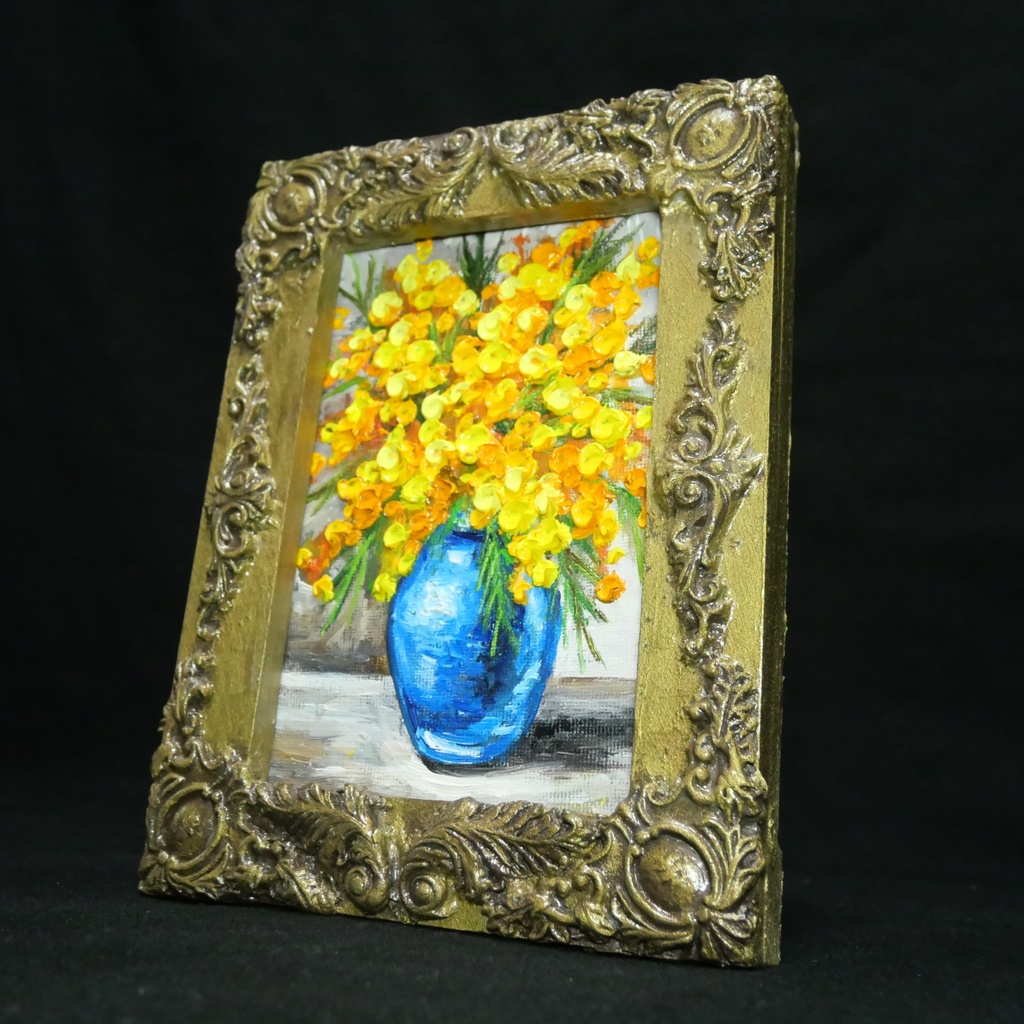 油絵|癒しのミモザ。春を彩るミニ絵画(原画・油彩)プチギフトにも