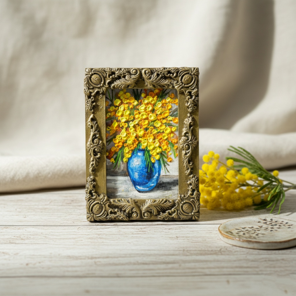 油絵|癒しのミモザ。春を彩るミニ絵画(原画・油彩)プチギフトにも