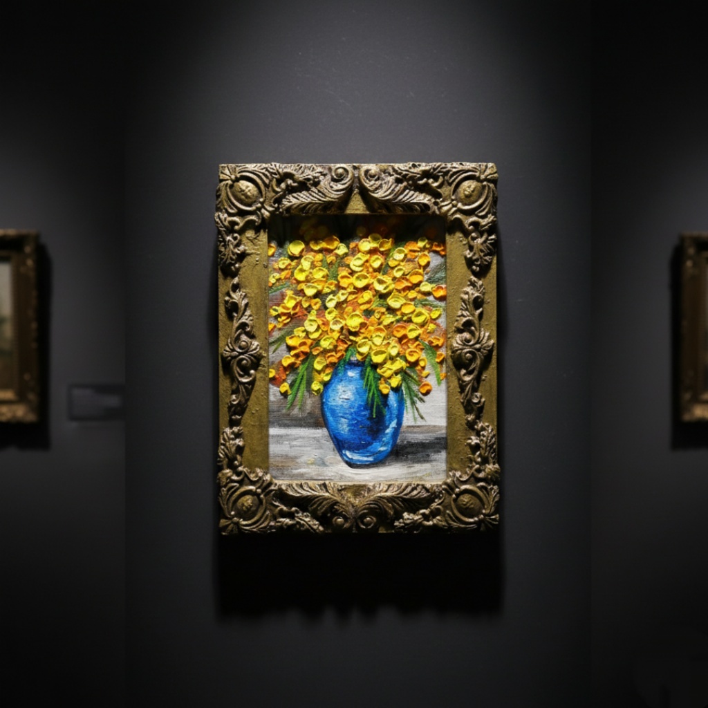 油絵|癒しのミモザ。春を彩るミニ絵画(原画・油彩)プチギフトにも