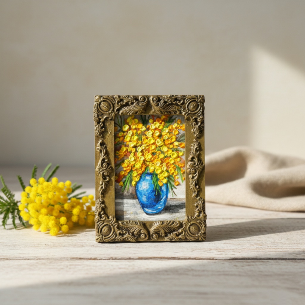 油絵|癒しのミモザ。春を彩るミニ絵画(原画・油彩)プチギフトにも