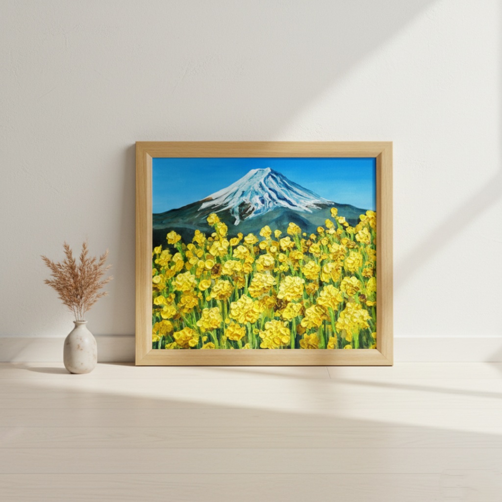 玄関やリビングに彩りを。油彩画【富士を望む花園】花の絵 富士山 縁起物