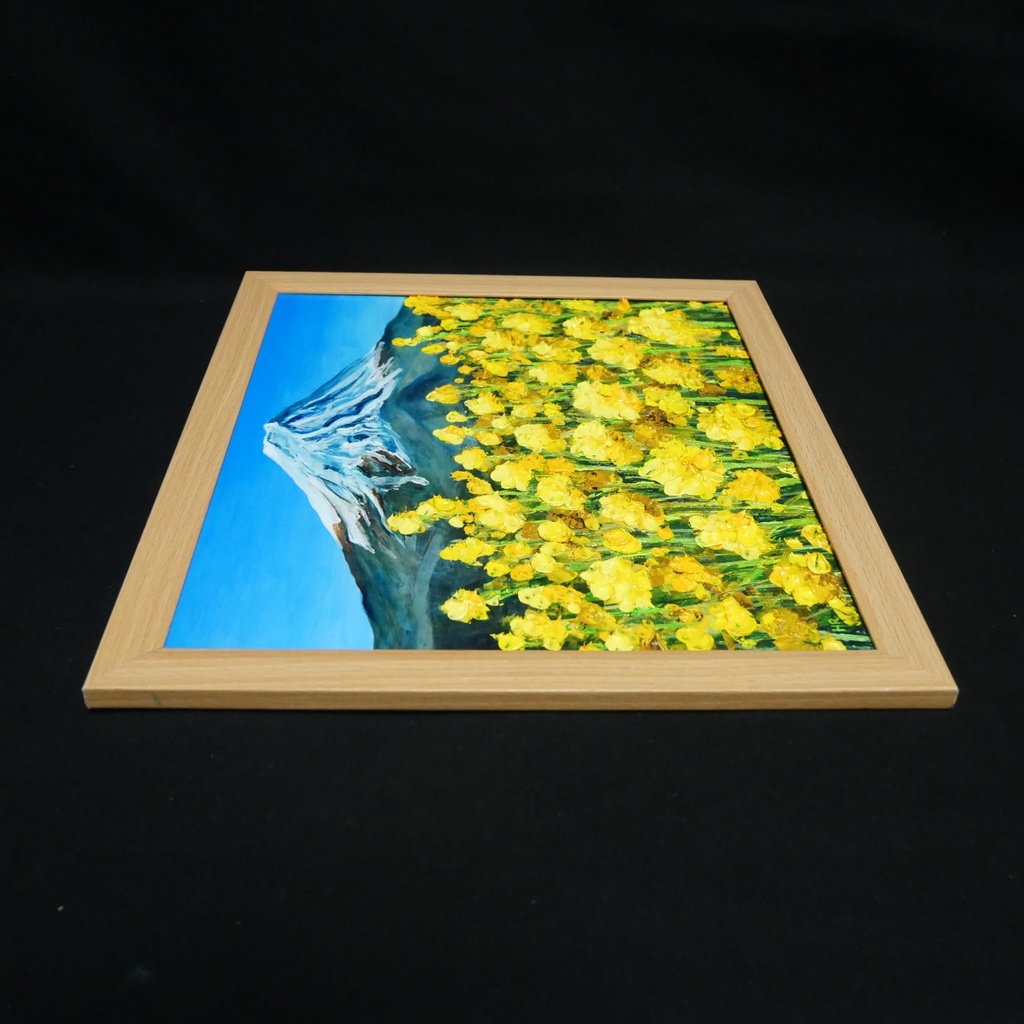 玄関やリビングに彩りを。油彩画【富士を望む花園】花の絵 富士山 縁起物