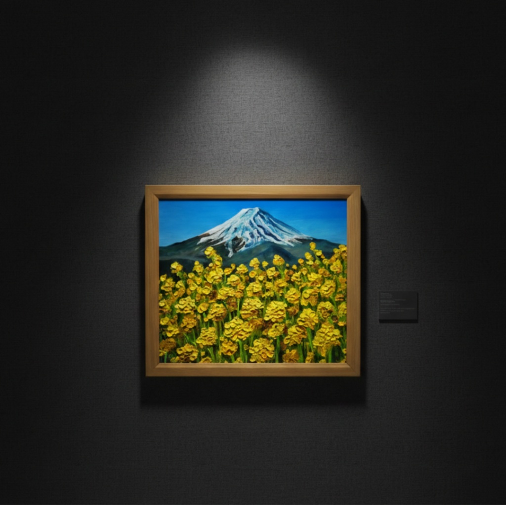 玄関やリビングに彩りを。油彩画【富士を望む花園】花の絵 富士山 縁起物