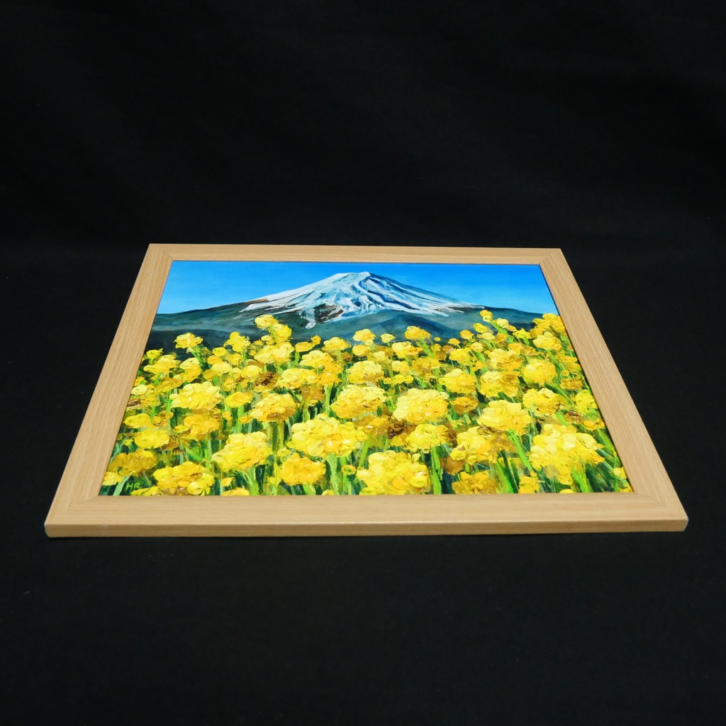 玄関やリビングに彩りを。油彩画【富士を望む花園】花の絵 富士山 縁起物