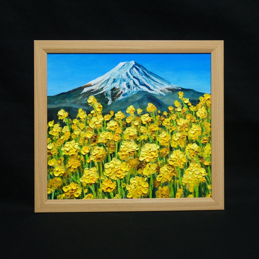 玄関やリビングに彩りを。油彩画【富士を望む花園】花の絵 富士山 縁起物