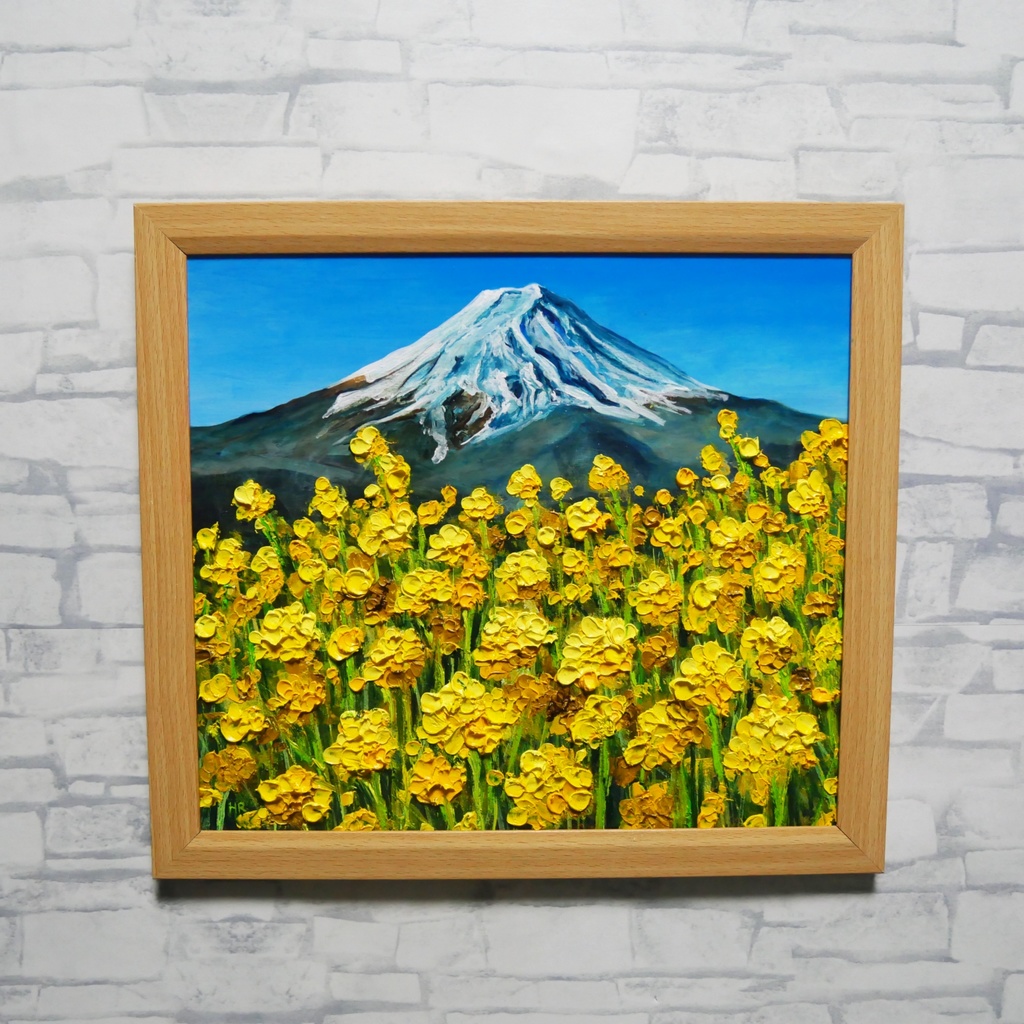玄関やリビングに彩りを。油彩画【富士を望む花園】花の絵 富士山 縁起物