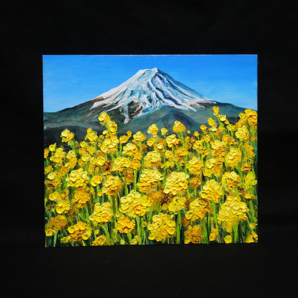 玄関やリビングに彩りを。油彩画【富士を望む花園】花の絵 富士山 縁起物