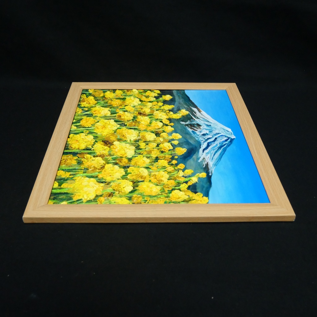 玄関やリビングに彩りを。油彩画【富士を望む花園】花の絵 富士山 縁起物