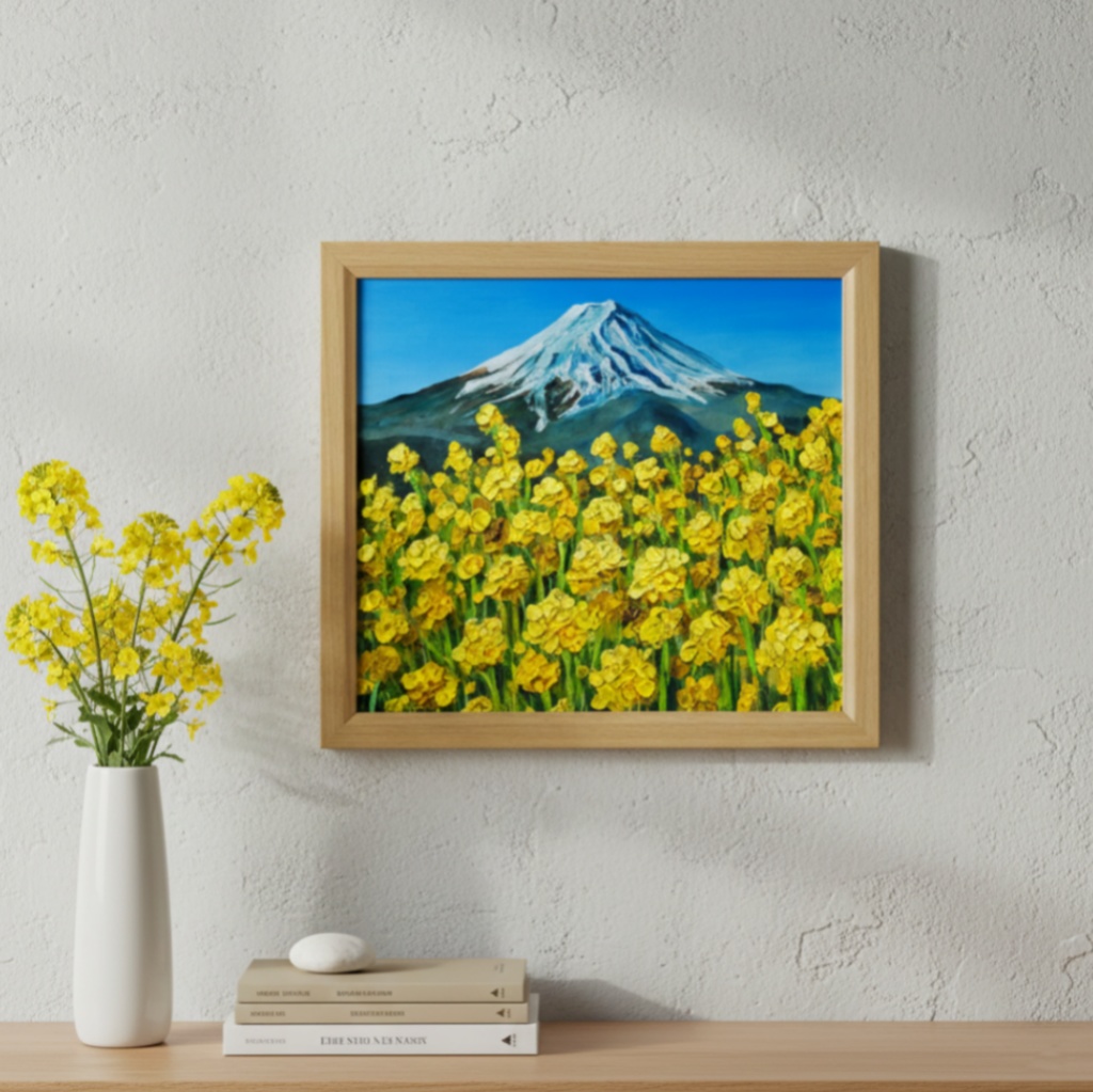 玄関やリビングに彩りを。油彩画【富士を望む花園】花の絵 富士山 縁起物