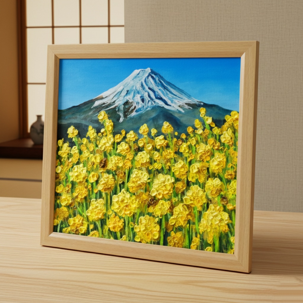 玄関やリビングに彩りを。油彩画【富士を望む花園】花の絵 富士山 縁起物