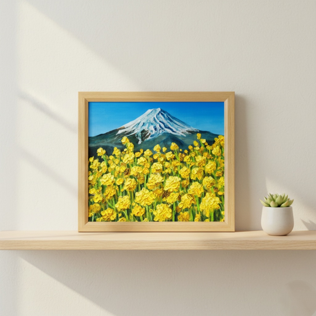 玄関やリビングに彩りを。油彩画【富士を望む花園】花の絵 富士山 縁起物