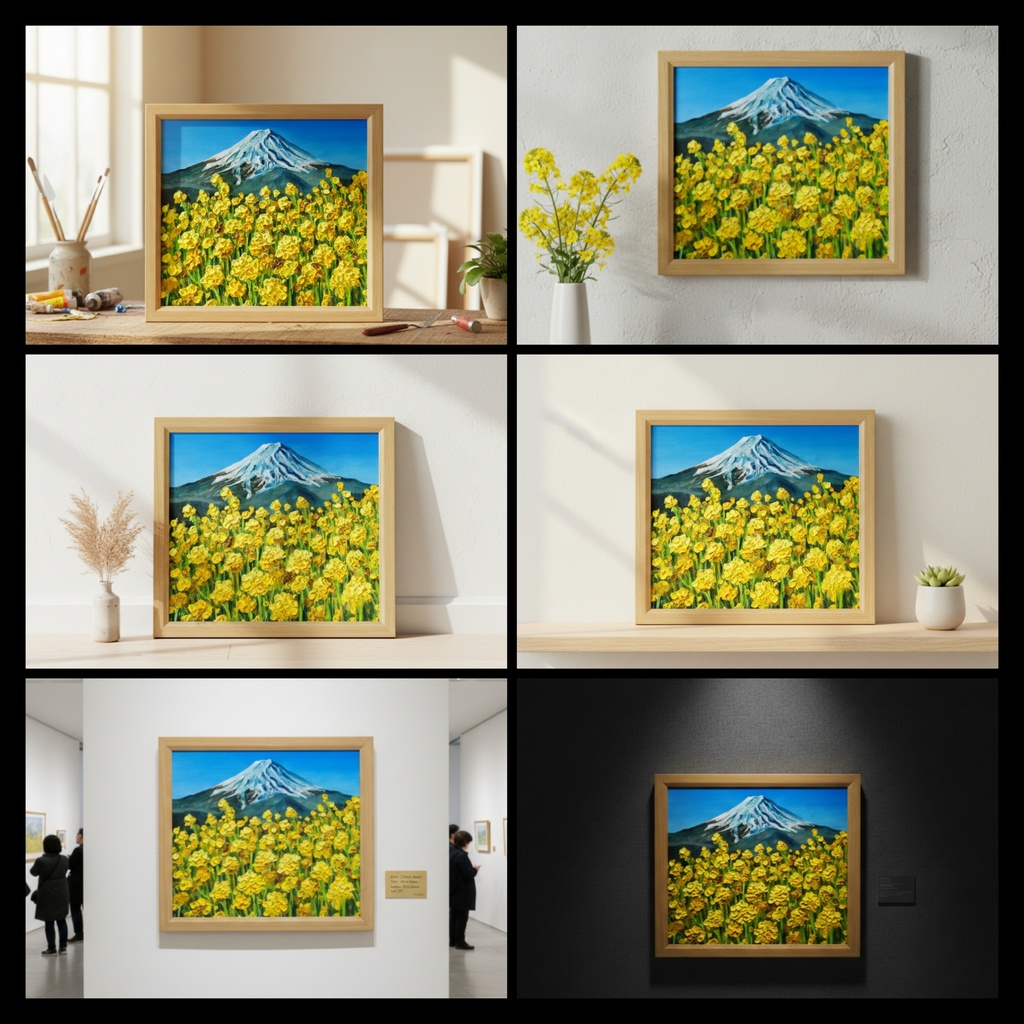 玄関やリビングに彩りを。油彩画【富士を望む花園】花の絵 富士山 縁起物