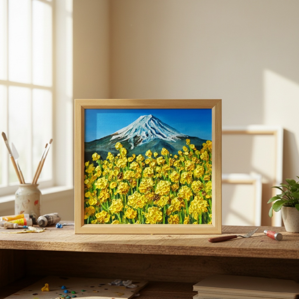 玄関やリビングに彩りを。油彩画【富士を望む花園】花の絵 富士山 縁起物