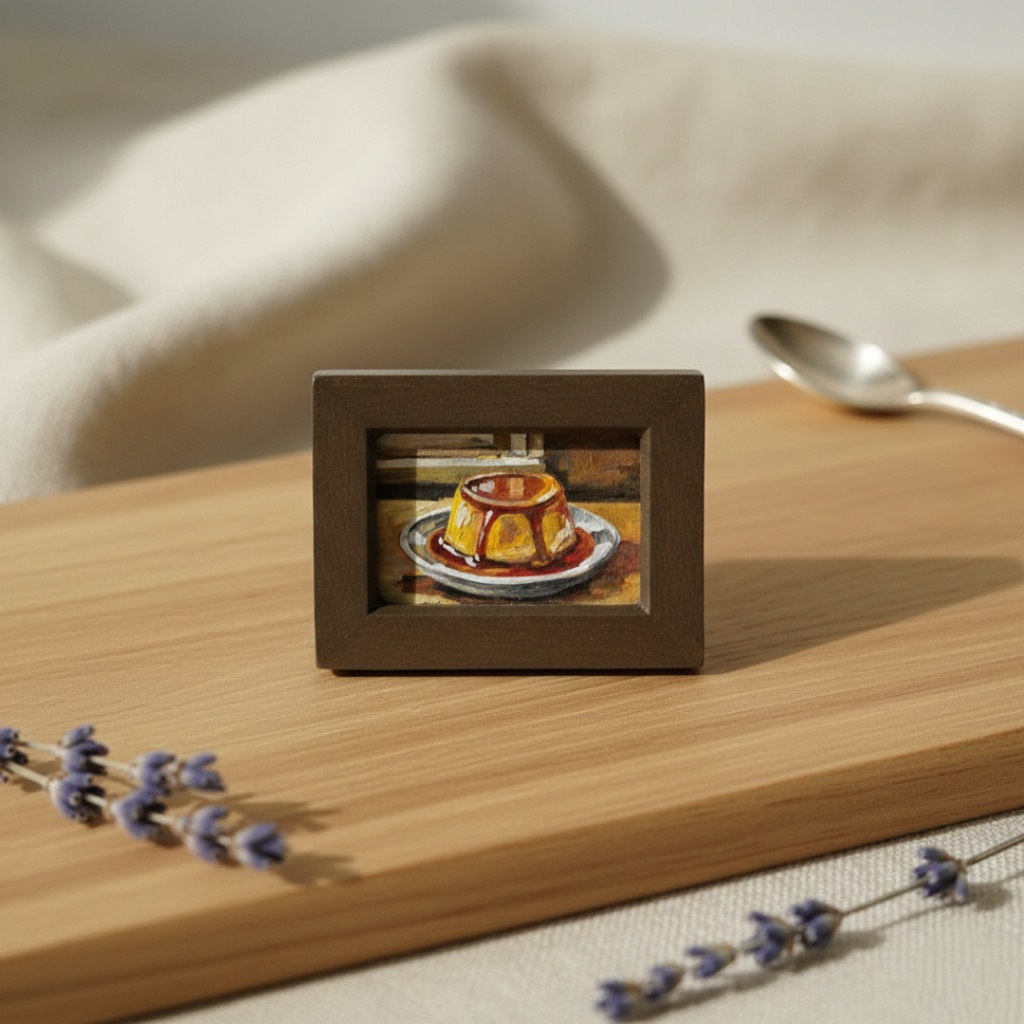 飾れるスイーツ【プリン】手のひらサイズのミニ油絵 原画 / インテリア モダンアート