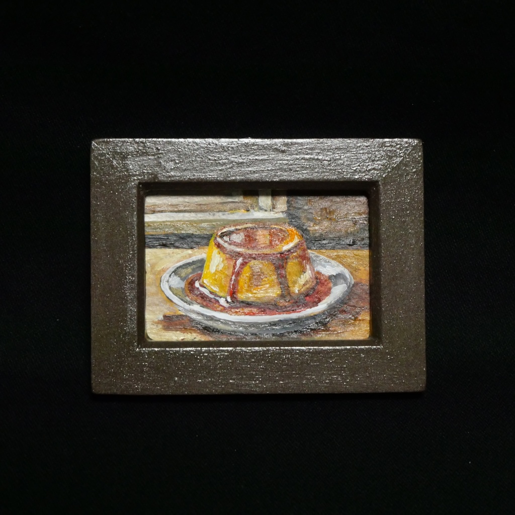 飾れるスイーツ【プリン】手のひらサイズのミニ油絵 原画 / インテリア モダンアート