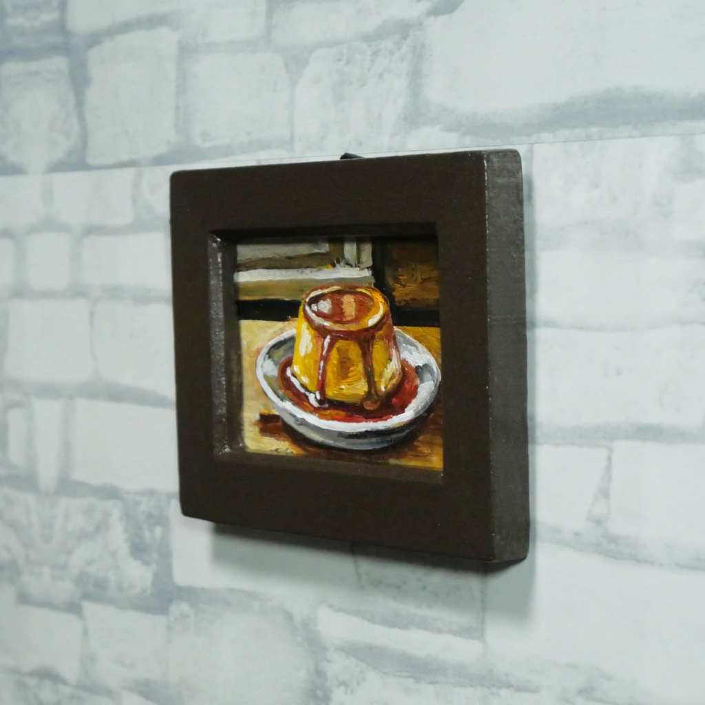 飾れるスイーツ【プリン】手のひらサイズのミニ油絵 原画 / インテリア モダンアート