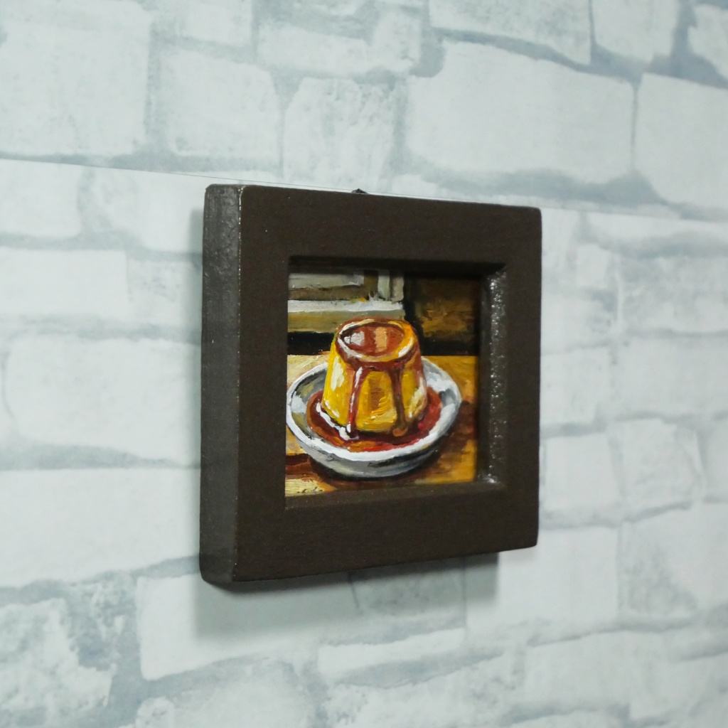 飾れるスイーツ【プリン】手のひらサイズのミニ油絵 原画 / インテリア モダンアート