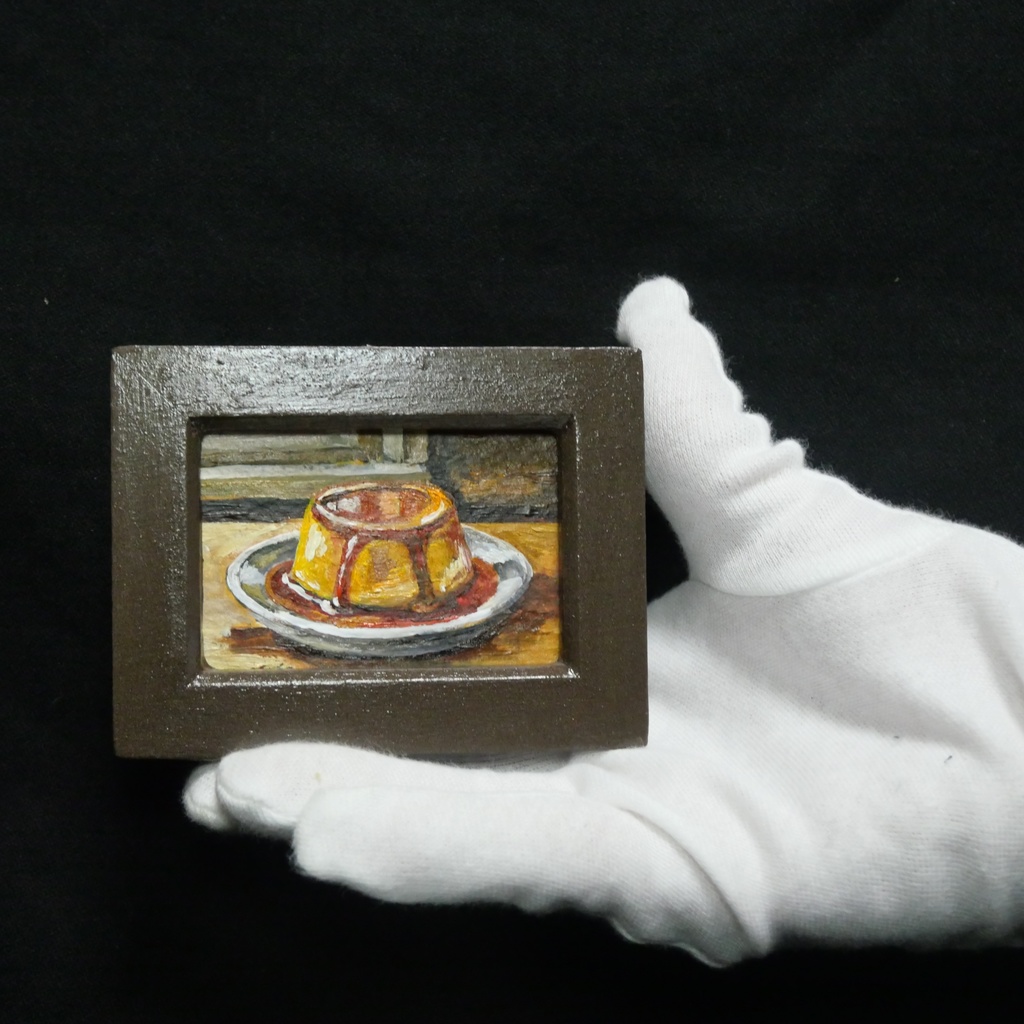 飾れるスイーツ【プリン】手のひらサイズのミニ油絵 原画 / インテリア モダンアート