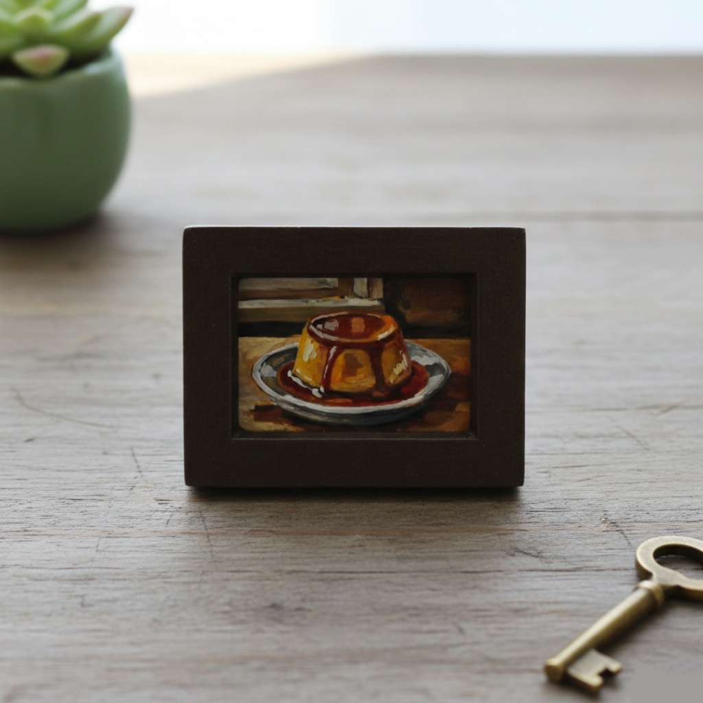 飾れるスイーツ【プリン】手のひらサイズのミニ油絵 原画 / インテリア モダンアート