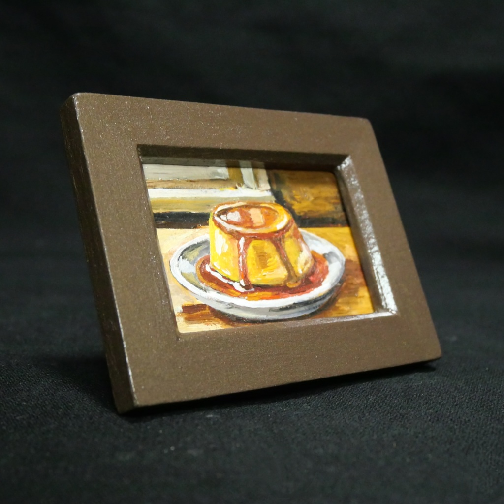 飾れるスイーツ【プリン】手のひらサイズのミニ油絵 原画 / インテリア モダンアート