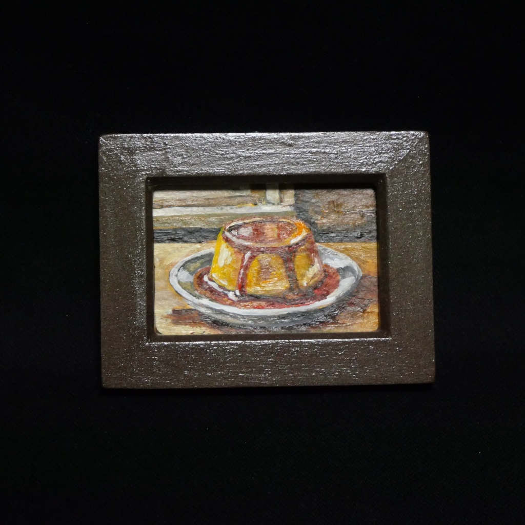 飾れるスイーツ【プリン】手のひらサイズのミニ油絵 原画 / インテリア モダンアート