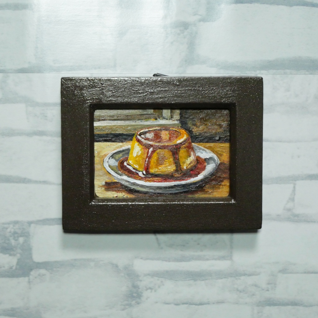 飾れるスイーツ【プリン】手のひらサイズのミニ油絵 原画 / インテリア モダンアート