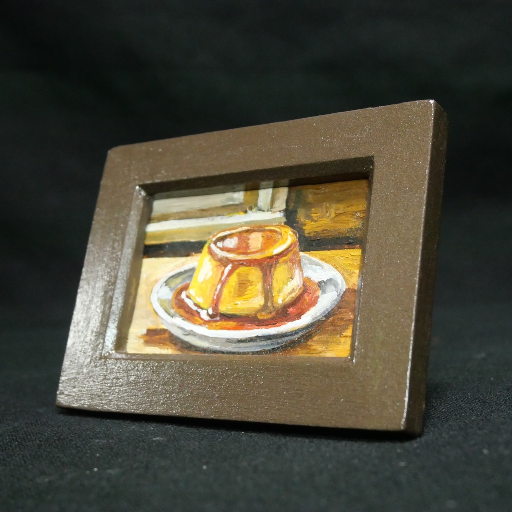 飾れるスイーツ【プリン】手のひらサイズのミニ油絵 原画 / インテリア モダンアート