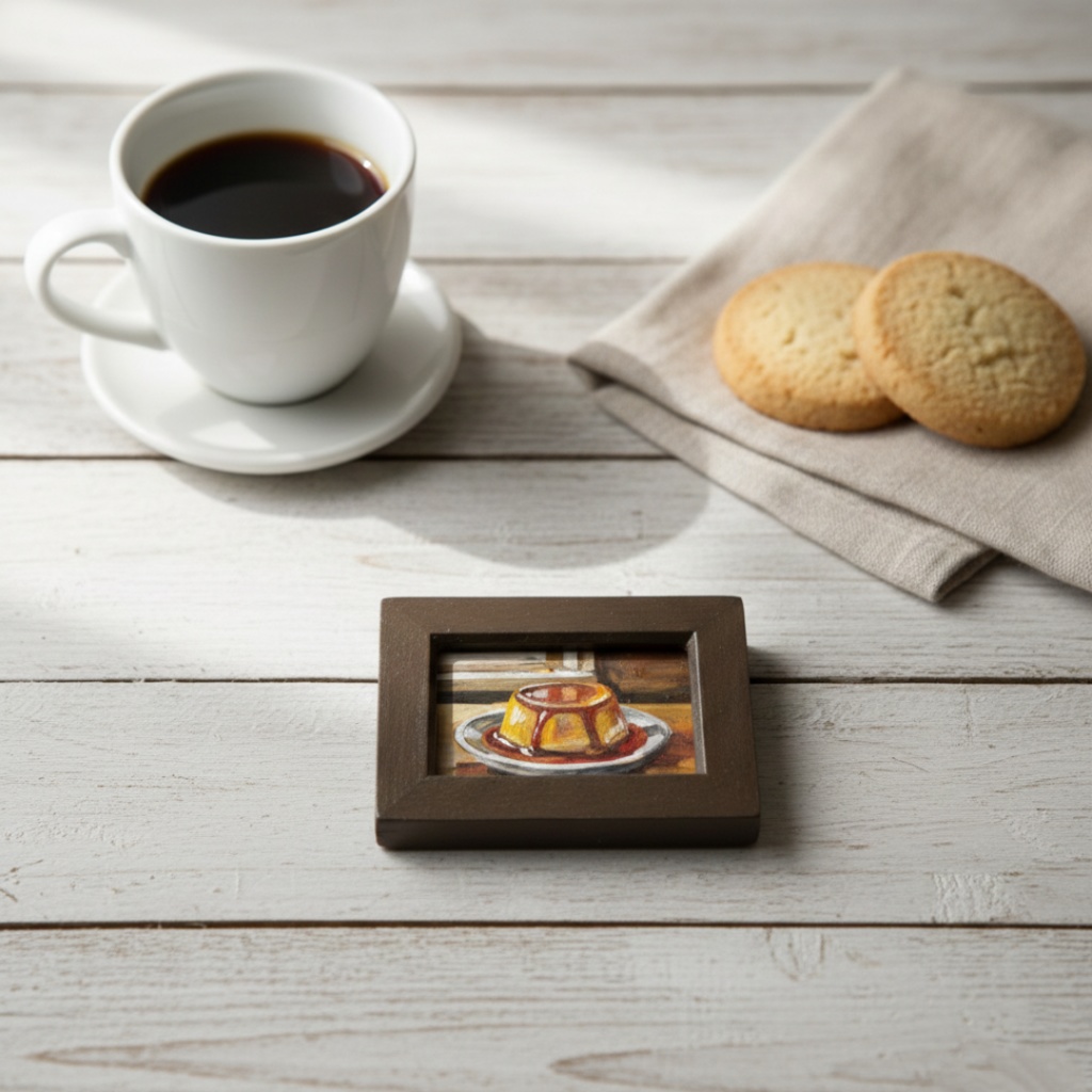 飾れるスイーツ【プリン】手のひらサイズのミニ油絵 原画 / インテリア モダンアート