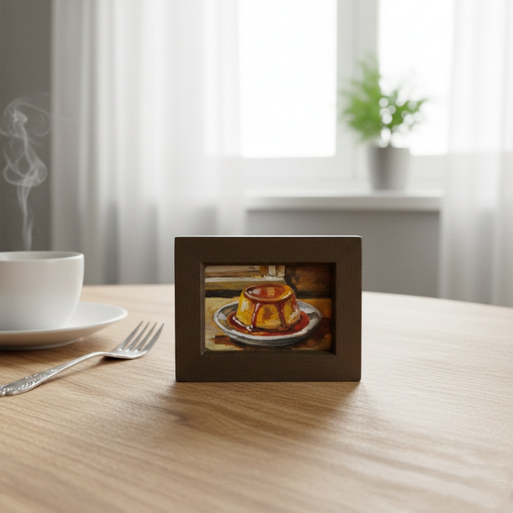 飾れるスイーツ【プリン】手のひらサイズのミニ油絵 原画 / インテリア モダンアート